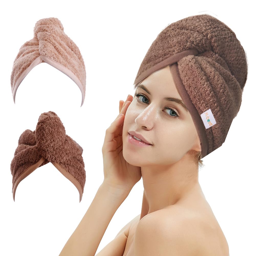 M-bestl 2 Pack Microfiber Hair Towel Wrap,Hair Drying Towel with Button,Quick Dry Hair Towel Turban for Women,Absorbent Anti-frizz Head Towel for Long Thick Curly Hair(Pink&Beige)