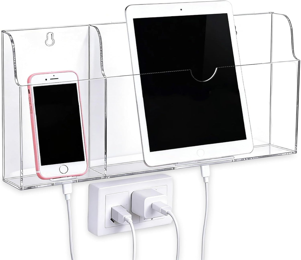 Acrylic Wall Mounted Phone Holder, Tablet Wall Mount with Charging Holes, 2 Slots Wall Remote Control Holder for iPad Kindle Laptop, Clear