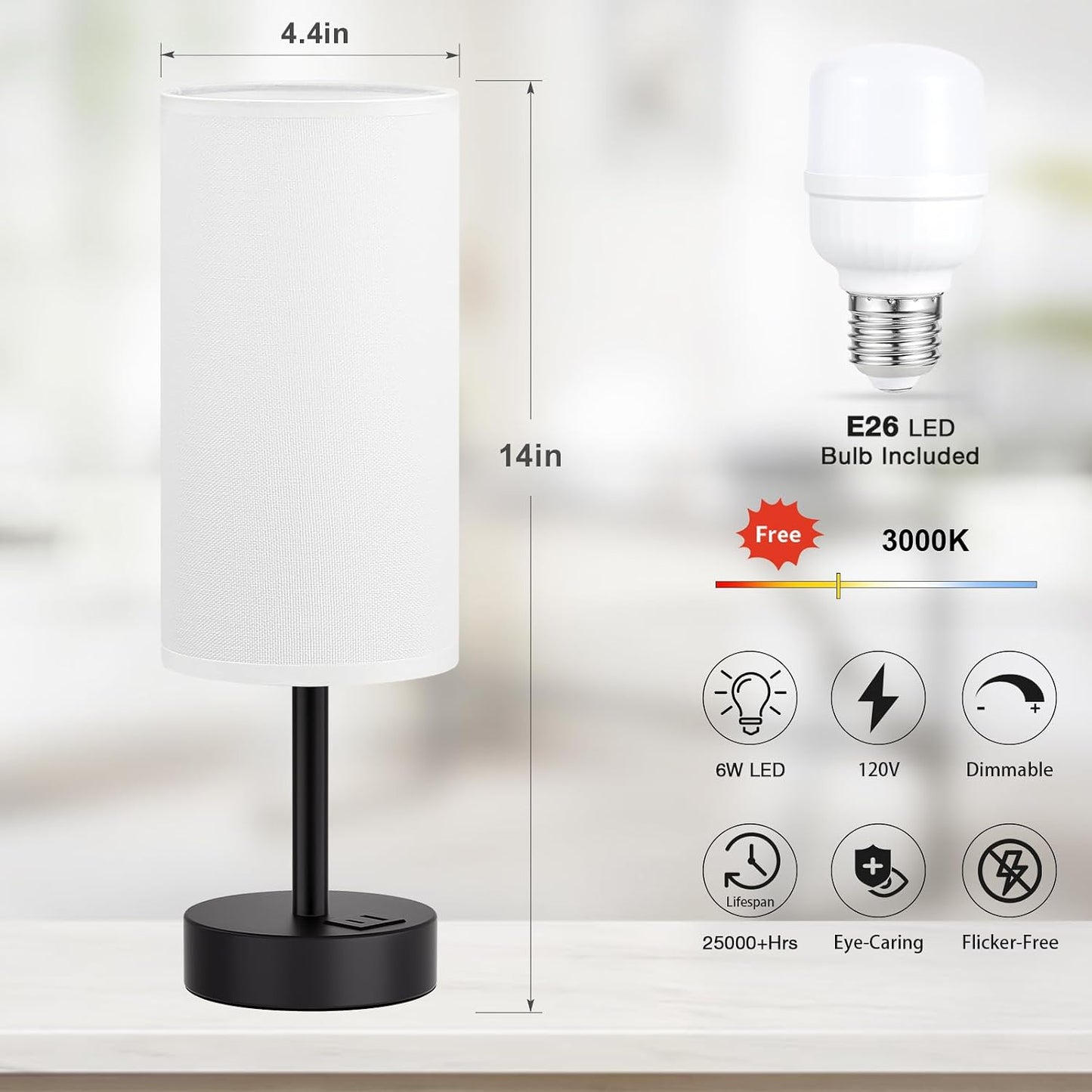 Dicoool Touch Bedside Table Lamp with USB - 3 Way Dimmable Wood Lamp for Bedroom Nightstand, Desk Lamp with Charging Station for Dorm, Living Room, Office, Kids Room, Small, 14in