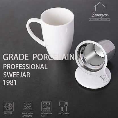 Sweejar Porcelain Tea Infuser Mug with Lid, 16 oz Teacup with Strainers for Loose Leaf Tea, Microwave and Dishwasher Safe Coffee Mug(Purple)
