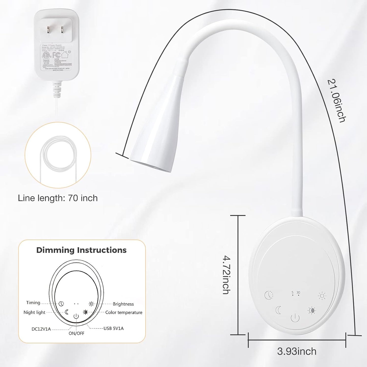 SANKEDOU LED Wall Mounted Reading Light, Book Light for Reading in Bed with Touch Control, 5 Dimmable, USB Output, Night Light & Timers Function, Flexible Gooseneck Headboard Bed Lights (White)