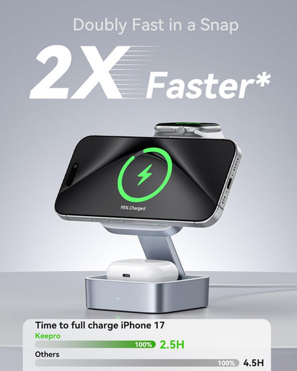 3 in 1 Wireless Charging Station for Apple Devices, Magnetic Foldable Travel Fast Charger Stand Compatible with MagSafe for iPhone 18/Air/17/16/15/14/13/12 Series, Apple Watch & AirPods Pro/4/3/2