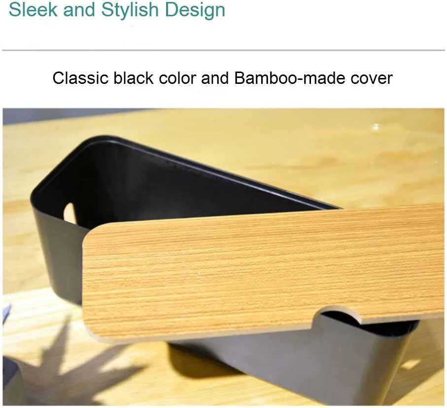 Cable Management Box with Bamboo Lid, Small Power Strip Organizer, Black