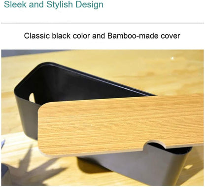 Cable Management Box with Bamboo Lid, Small Power Strip Organizer, Black