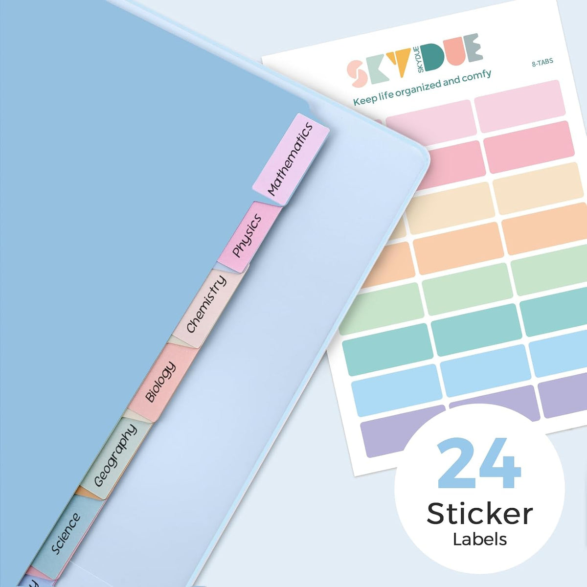 SKYDUE 1 Inch 3 Ring Binder with 8 Tab Dividers & 24 Labels, Pastel Binder Organizer for Letter Size Paper, Aesthetic School Binder for Notes, Documents, Office & Home Organization, Purple