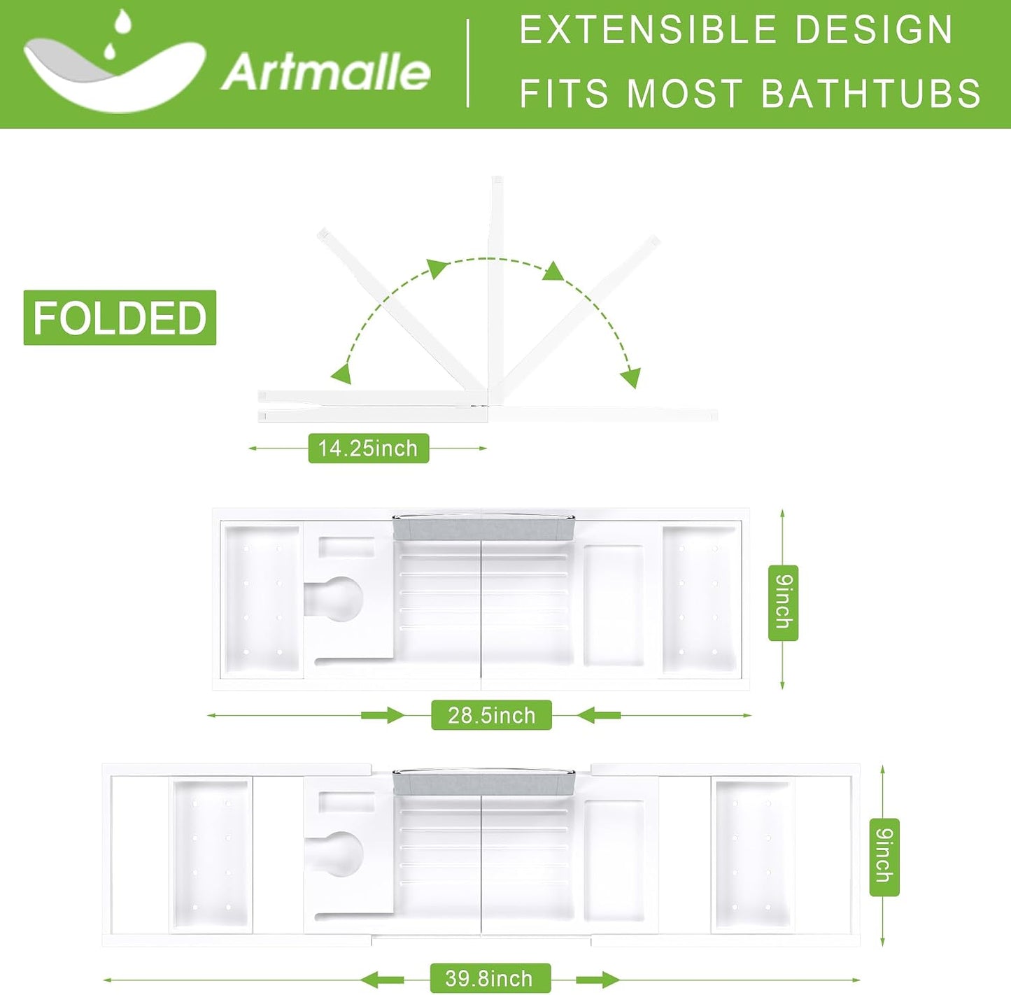Artmalle Luxury Bathtub Caddy Tray for Tub - Foldable Bamboo Bath Table Tray with Book and Wine Glass Holder, Expandable Bathroom Accessories for Spa or Reading Lite Style