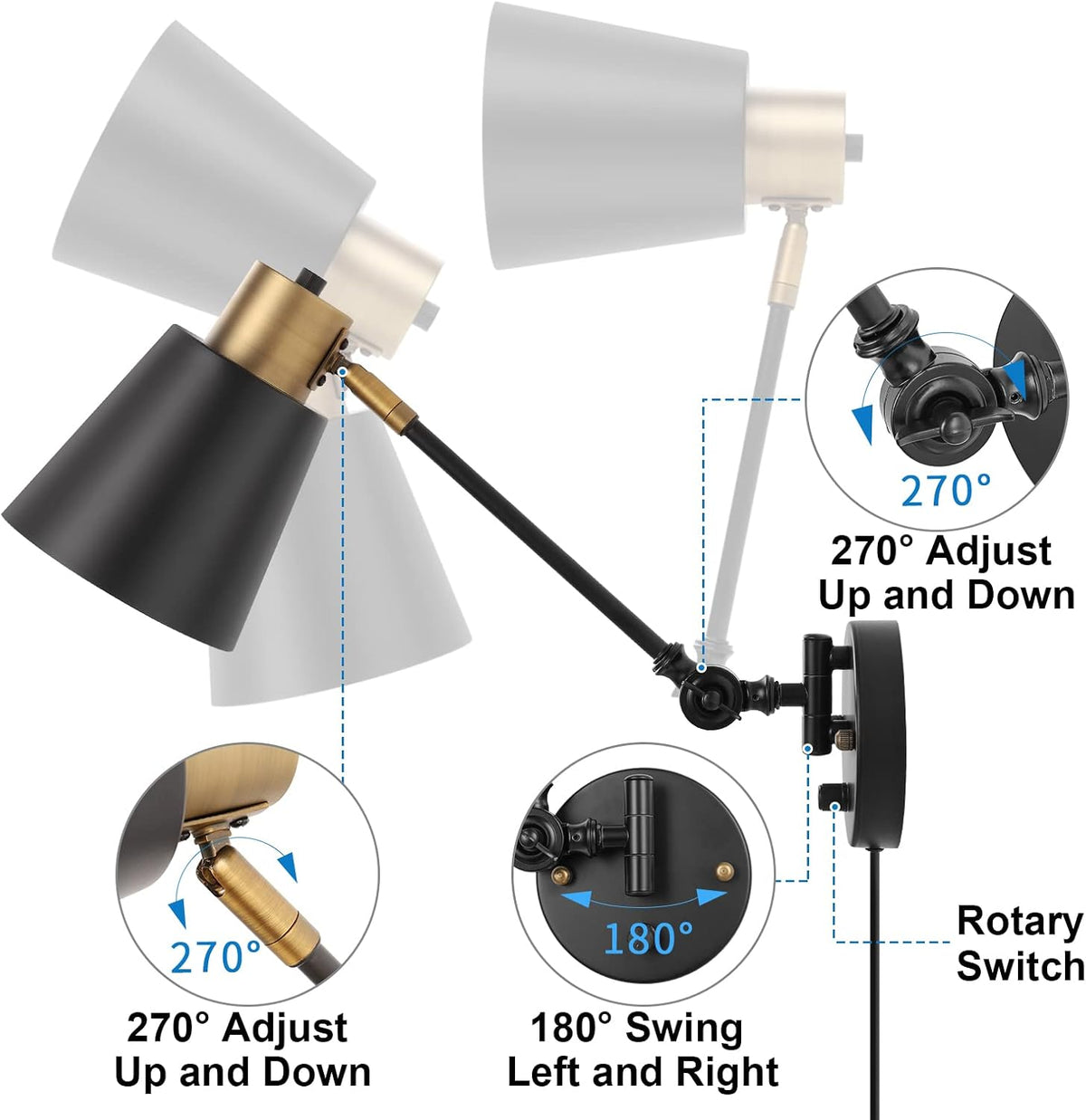 Dimmable Wall Lamp with Plug in Cord, ENCOMLI Plug in Wall Sconces Set of Two, Swing Arm Sconces Wall Lighting with On Off Switch, Metal Black Brass Industrial Wall Sconce Plug in Wall Light, E26 Base
