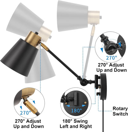 Dimmable Wall Lamp with Plug in Cord, ENCOMLI Plug in Wall Sconces Set of Two, Swing Arm Sconces Wall Lighting with On Off Switch, Metal Black Brass Industrial Wall Sconce Plug in Wall Light, E26 Base