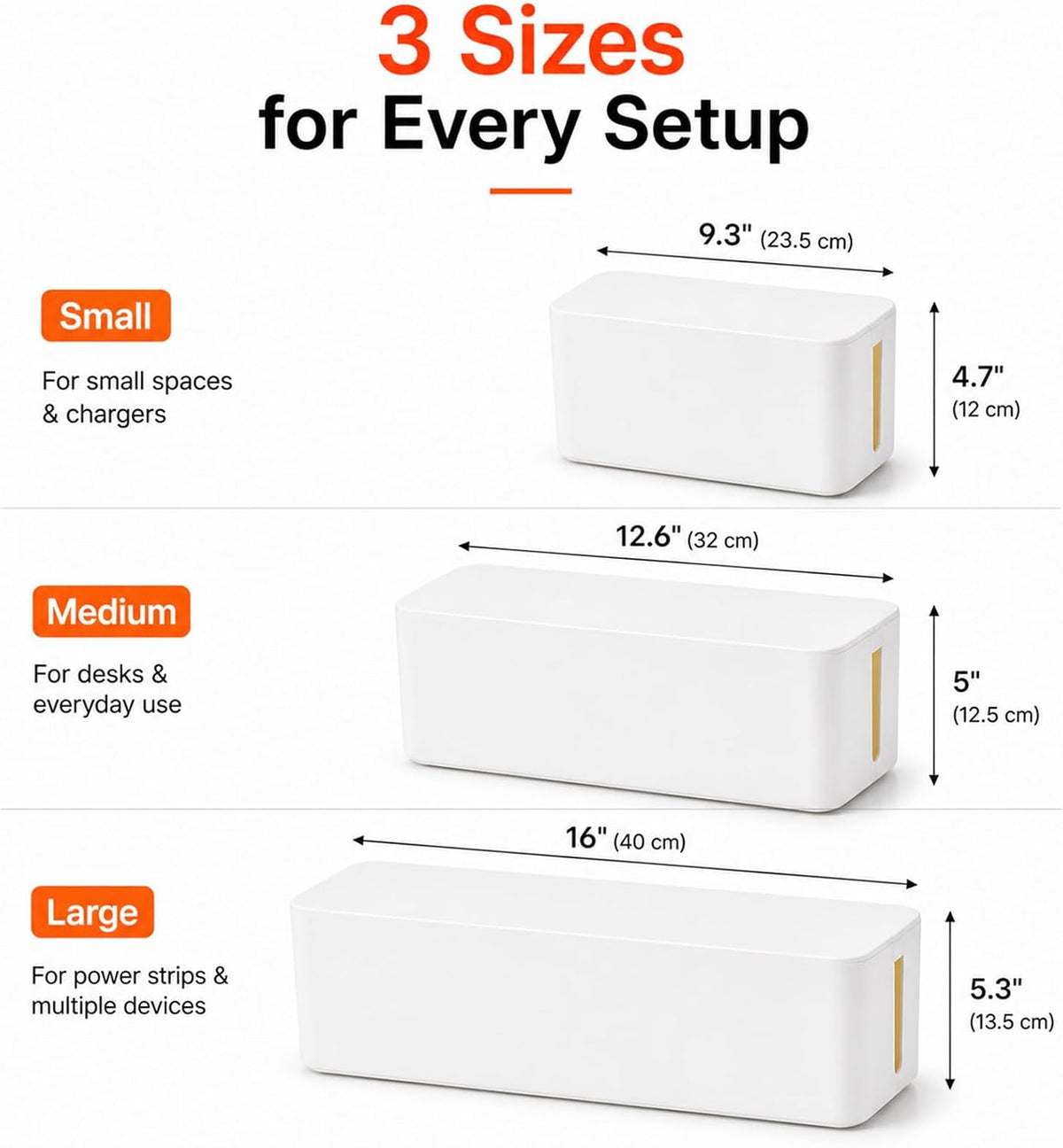 [Set of 3] 3 Cable Management Boxes + 3 Wire Ties, Large Cord Box Organizers to Hold and Hide Power Strip Charger Adapter Power Cord Charging Station USB HUB (Black)