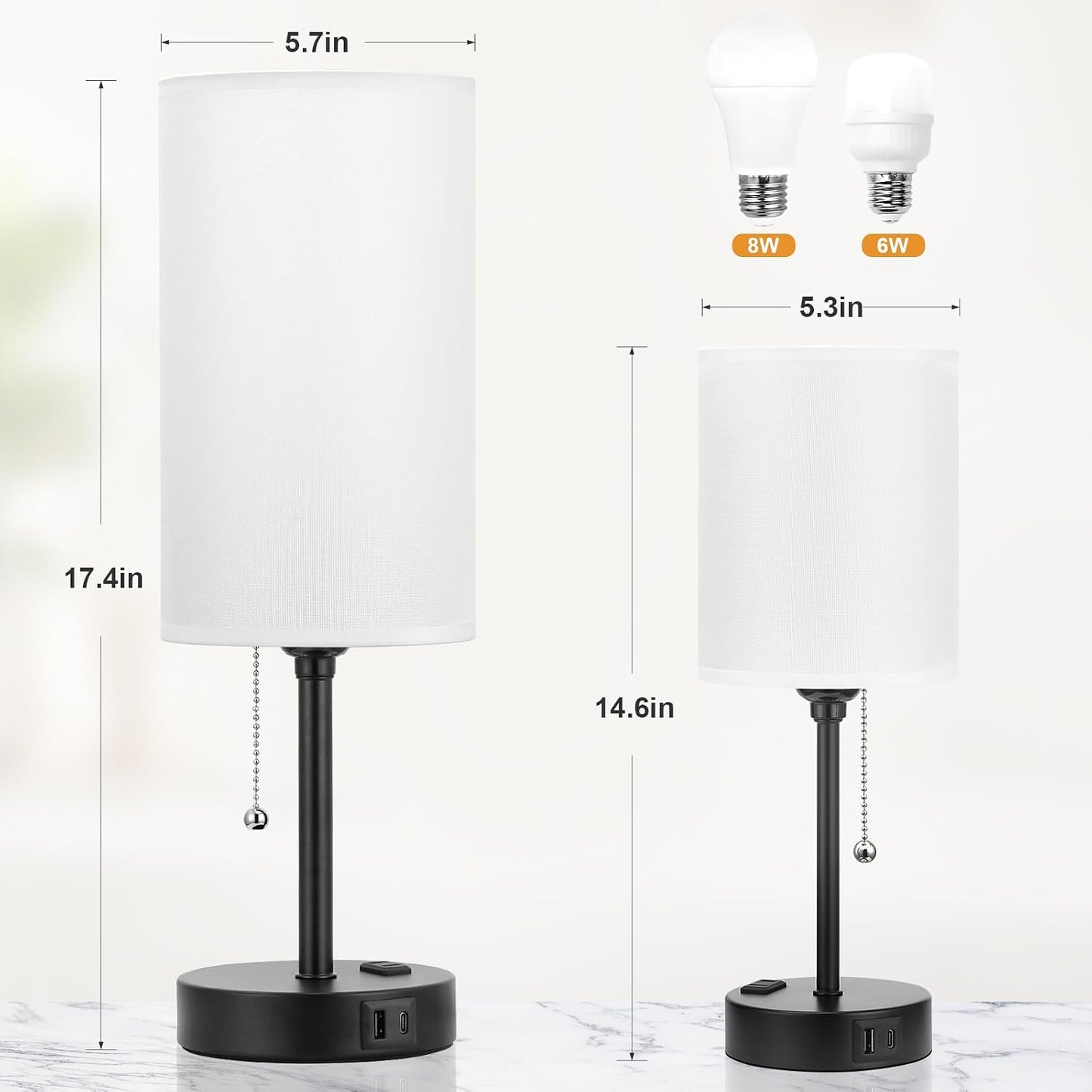 Small Bedside Table lamp for Bedroom - 3 Color Temperatures Bedside Lamps with USB C and A Ports, Pull Chain Table Lamps with AC Outlet, White Nightstand Lamps with Black Metal Base for Kids Reading