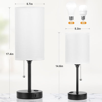 Small Bedside Table lamp for Bedroom - 3 Color Temperatures Bedside Lamps with USB C and A Ports, Pull Chain Table Lamps with AC Outlet, White Nightstand Lamps with Black Metal Base for Kids Reading