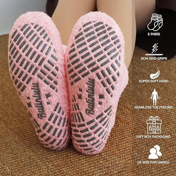 Bulinlulu Fuzzy Socks With Grips for Women, 5 Pairs Non Slip Sleep Warm Fluffy Slipper Socks Gifts for Women