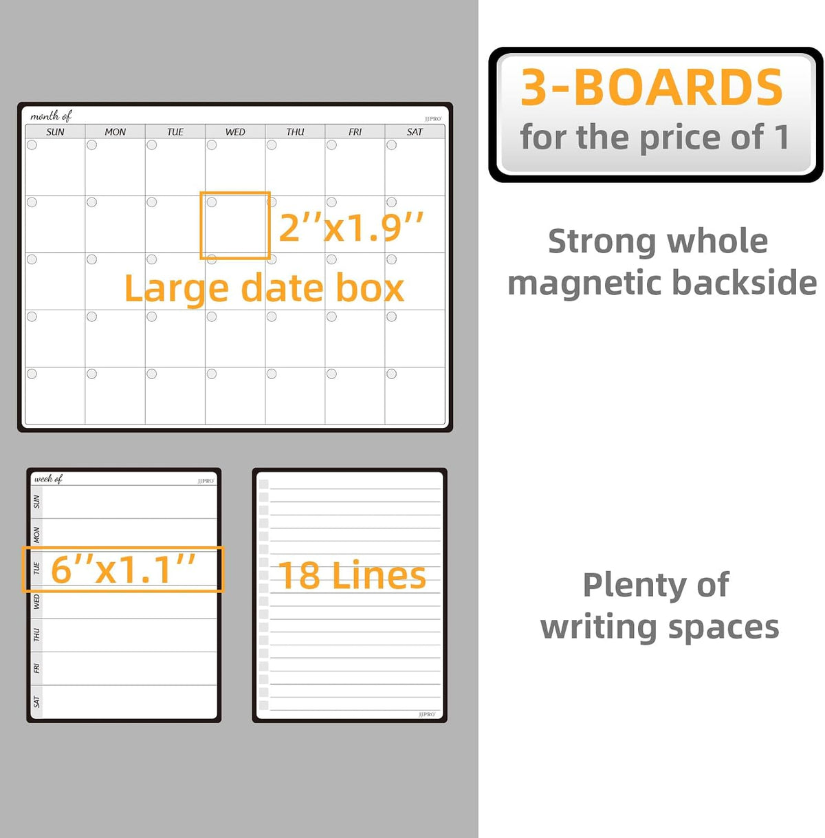 JJPRO Magnetic Monthly Calendar Whiteboard Set for Fridge-Monthly Planning Board and Two Bonus Dry Erase Grocery Board&Weekly Menu Board-Meal Planner Whiteboard/to-Do List-6 Markers