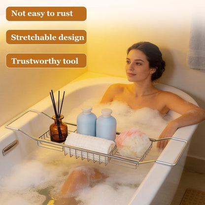 Cabilock Luxury Stainless Steel Bathtub Caddy Tray - 24.8in Expandable Modern Bath Rack for Tub with Wine Glass & Book Holder - Rustproof Shower Organizer & Tablet Stand for Home Spa, Gold