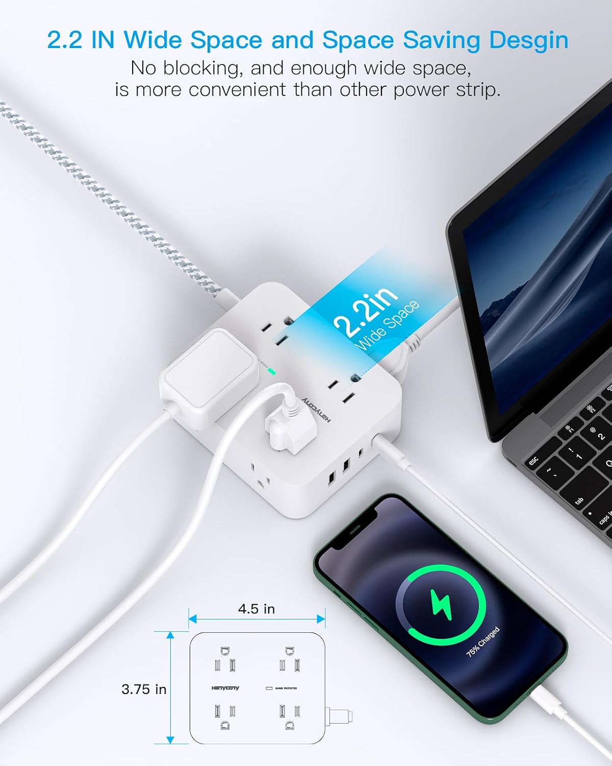 HANYCONY Surge Protector Power Strip, 1080J, 5 Ft Braided Extension Cord