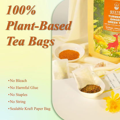 WT WEETEE Turmeric Ginger Green Tea Bags 100ct, Honey Flavored, Caffeinated