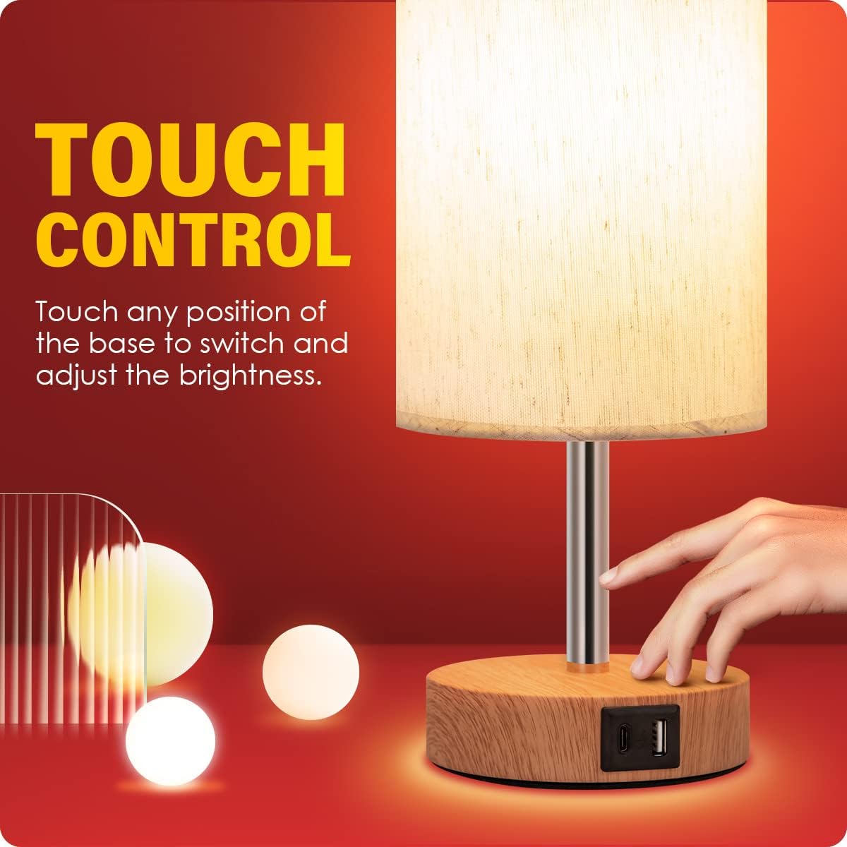 Yarra-Decor Bedside Lamps with USB Port - Touch Control Table Lamp for Bedroom Wood 3 Way Dimmable Nightstand Lamp Set of 2 with Round Flaxen Fabric Shade for Living Room, Dorm, Home Office (2 Pack)