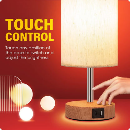 Yarra-Decor Bedside Lamps with USB Port - Touch Control Table Lamp for Bedroom Wood 3 Way Dimmable Nightstand Lamp Set of 2 with Round Flaxen Fabric Shade for Living Room, Dorm, Home Office (2 Pack)