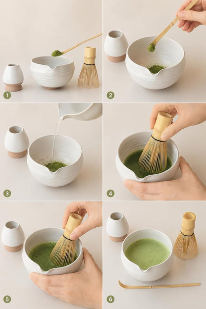 Matcha Set, 5 Pcs Matcha Whisk Set – Elegant Rounded Design Bowl with Folded Rim, Matte Buttercream Glaze, Comfortable to Use, Gift Box Included