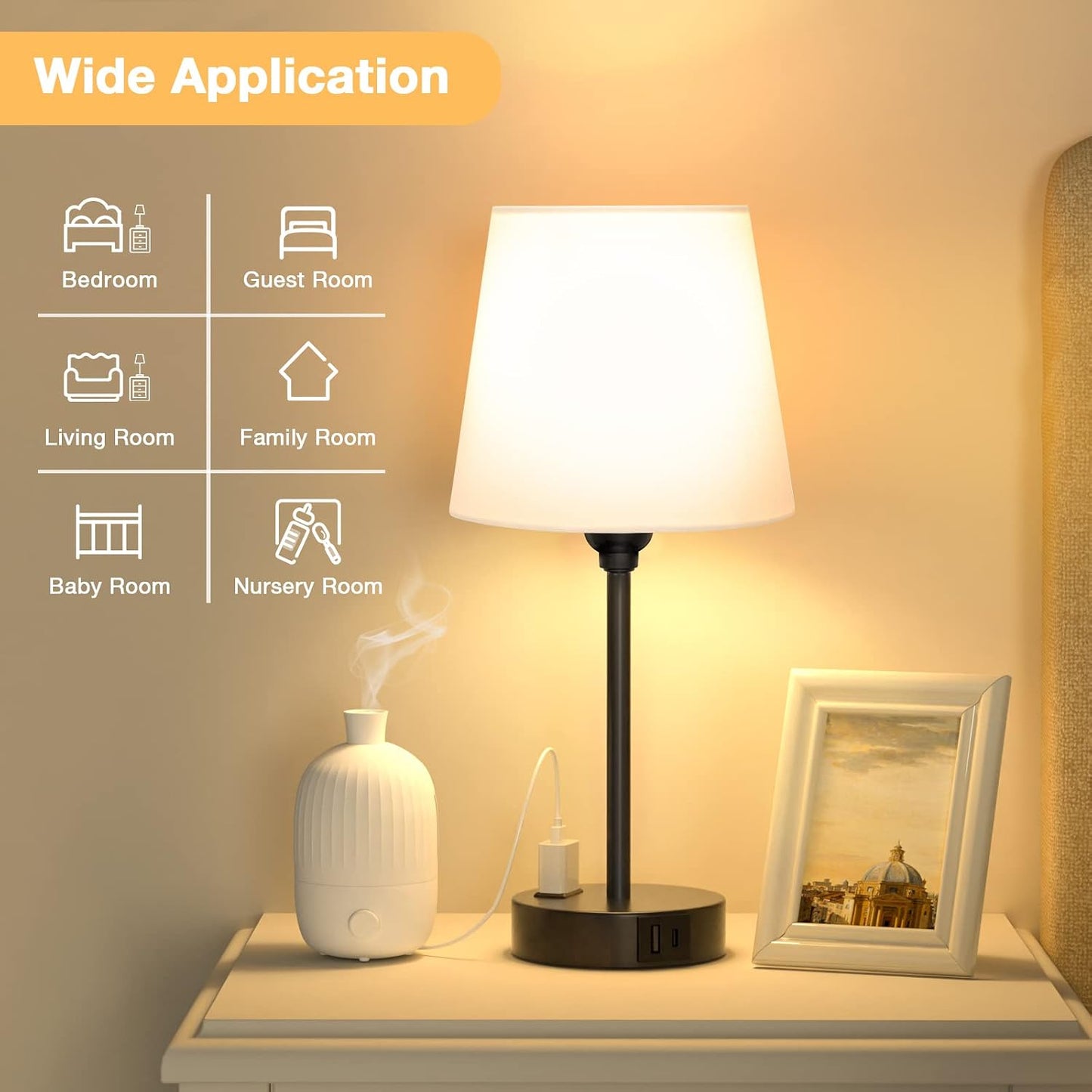 Mini Bedside Lamps for Bedrooms Set of 2 - Nightstand Bedroom Lamps with USB C Port and AC Outlet Charging, Dimmable Touch Small Bed Side Table Lamp, Black Night Stand Light for Kids/Guest Room