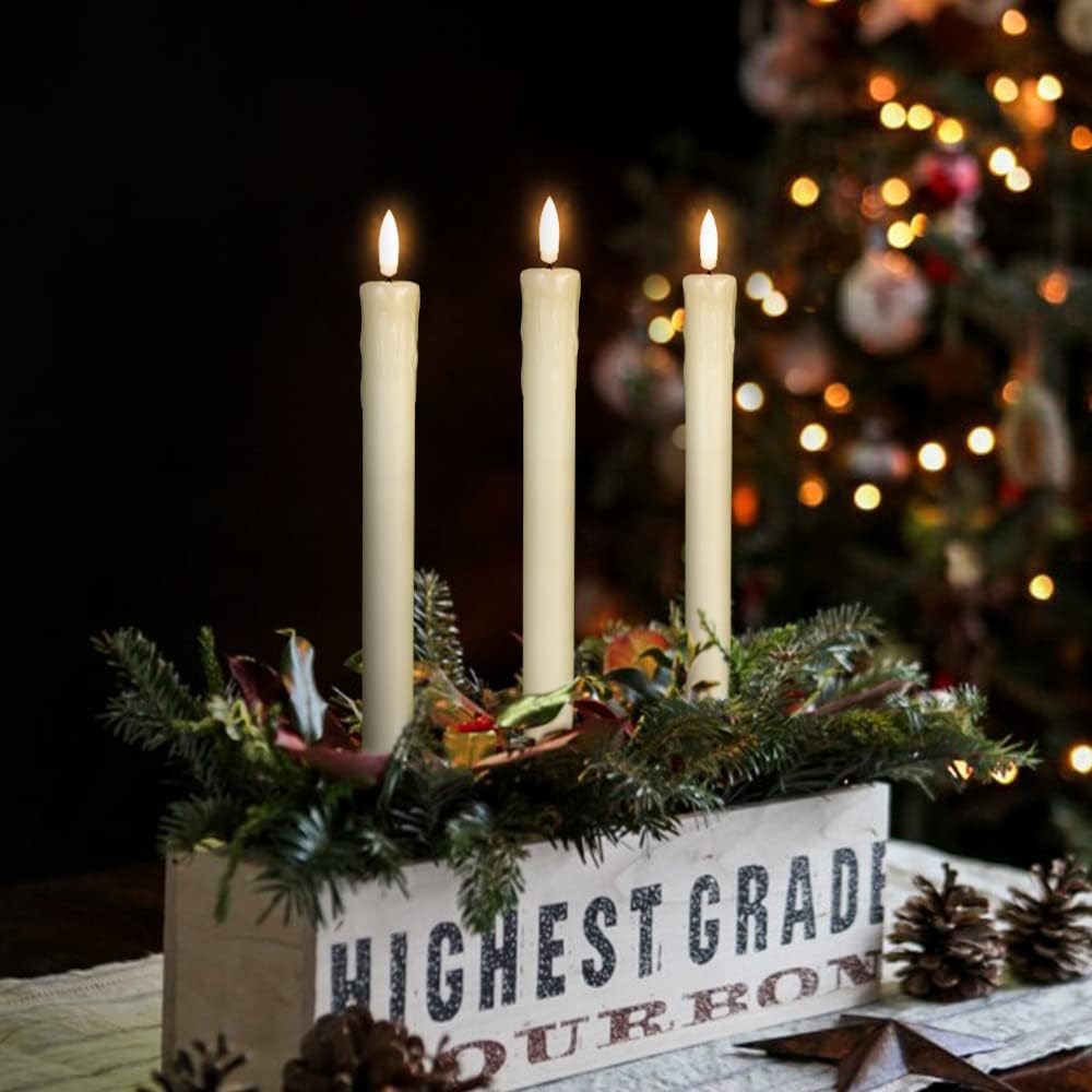 GenSwin Flameless Ivory Taper Candles Flickering with 10-Key Remote, Battery Operated Led Warm 3D Wick Light Window Candles Real Wax Pack of 6, Christmas Home Wedding Decor(0.78 X 9.64 Inch)