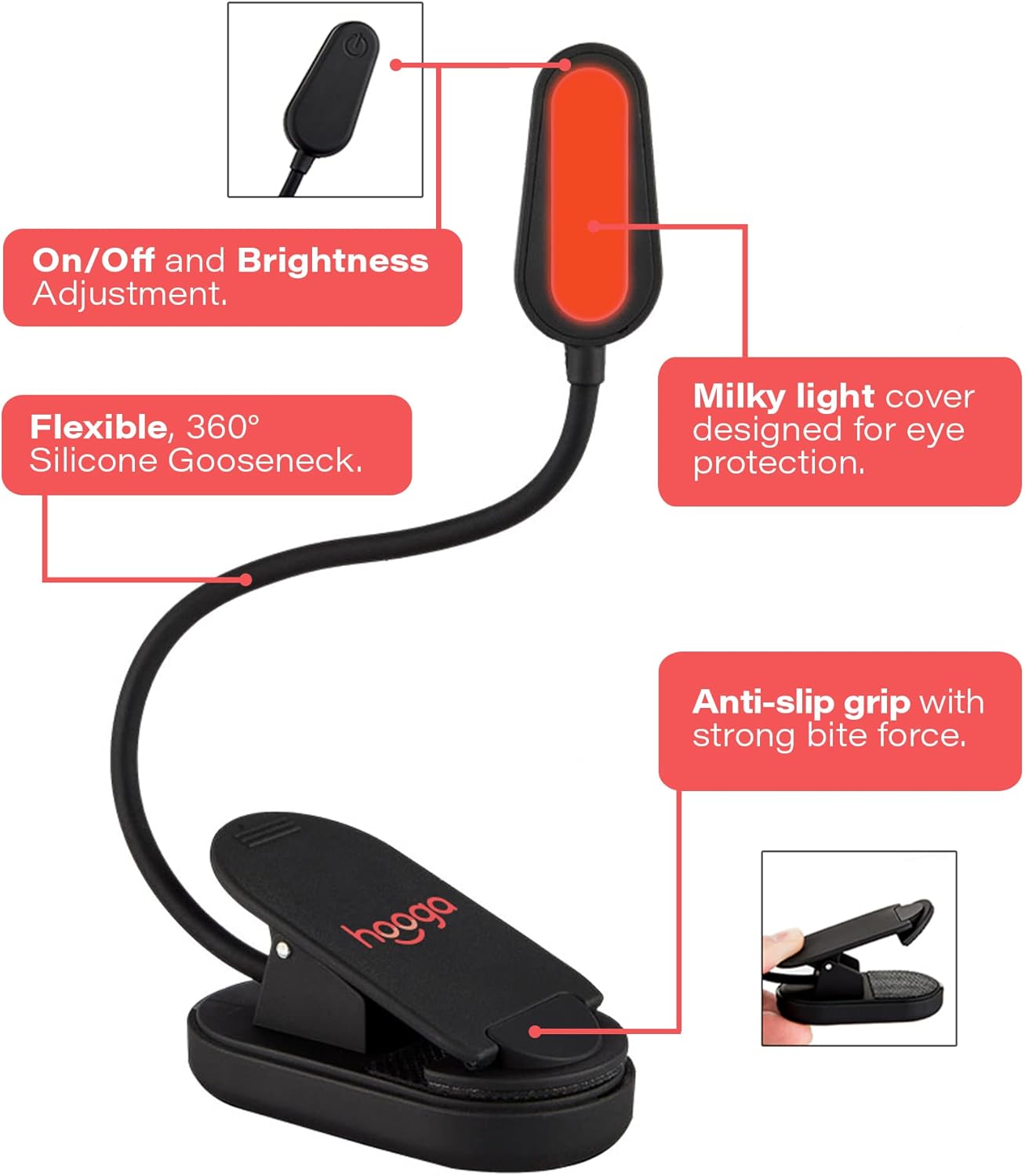 hooga Amber Book Light – Blue Light Blocking Reading Light for Bed, Stepless Dimming, Rechargeable Clip-On Night Light, 1600K Amber & 625nm Red LED for Night Reading