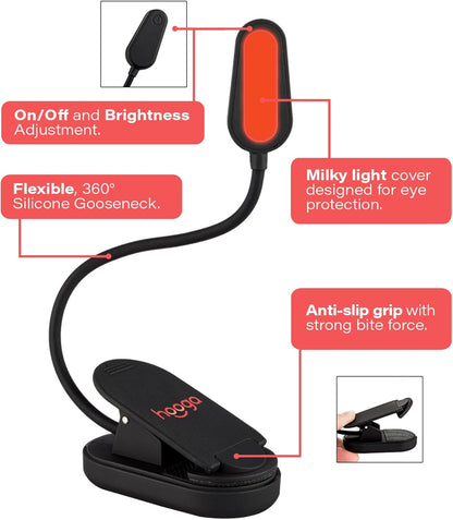 hooga Amber Book Light – Blue Light Blocking Reading Light for Bed, Stepless Dimming, Rechargeable Clip-On Night Light, 1600K Amber & 625nm Red LED for Night Reading