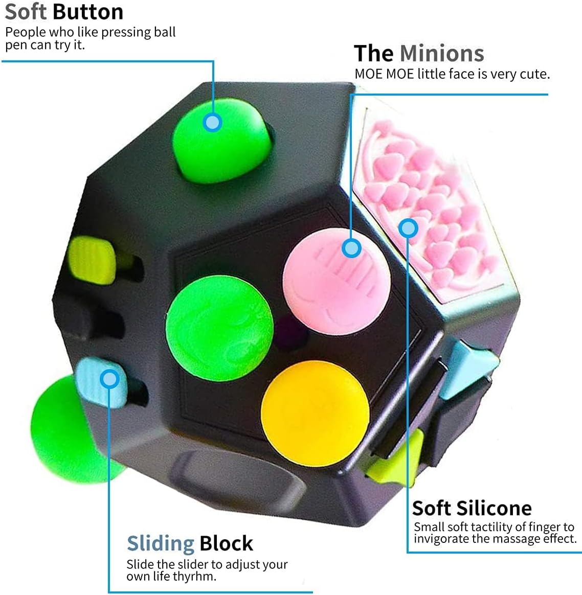 12 Sided Finger Cube Toys, Fidget Toys Relief Stress, Autism and Anxiety Depression for Kids Adults (Blue, Normal)