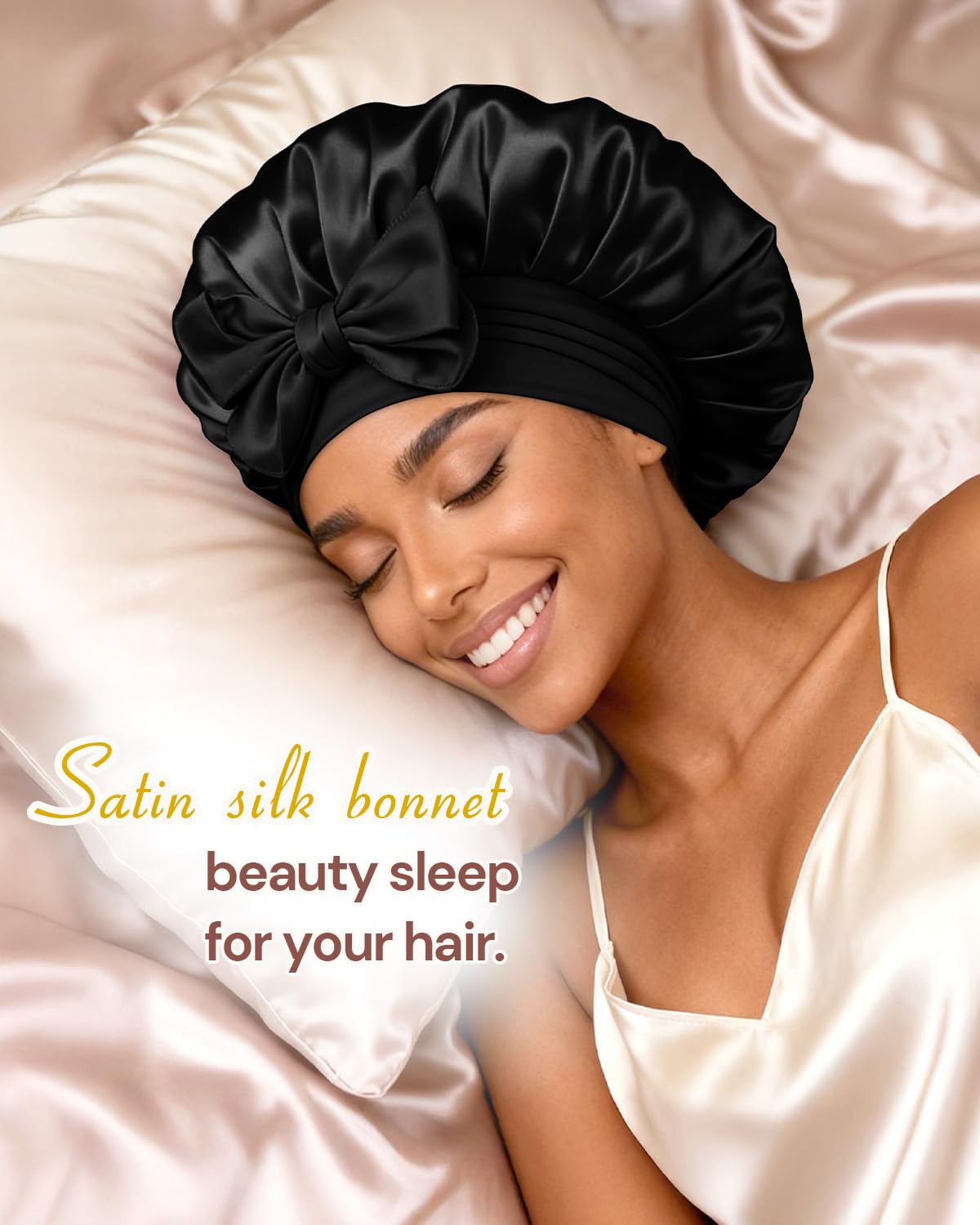 BONNET QUEEN Silk Bonnet for Sleeping for Women Satin Bonnet Night Cap for Curly Hair with Tie Band, Single Layer, Cream Pink