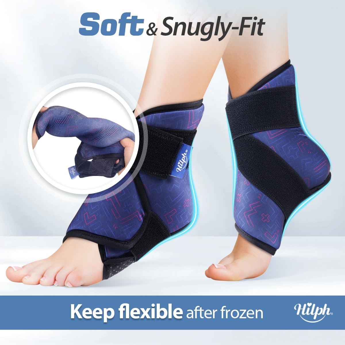 Hilph Ankle Heel Ice Pack Wrap for Swelling & Achilles Tendonitis, Reusable Ice & Compression Therapy Flexible Foot Gel Ice Pack Wrap for Ankle Sprain & Plantar Fasciitis Pain Relief (Blue, 1 Pack)
