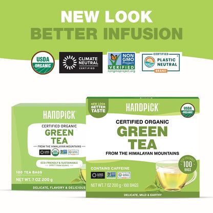 HANDPICK Organic Green Tea Bags (100 Count) USDA Organic,Fragrant Green Tea