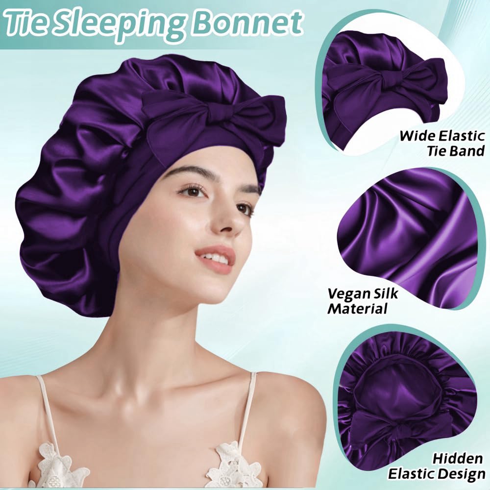 VECIIR Silk Bonnet for Sleeping Women, Ajustable Hair Bonnet for Curly Hairs Satin Bonnet Reduce Friction Prevent Frizz Black，Large