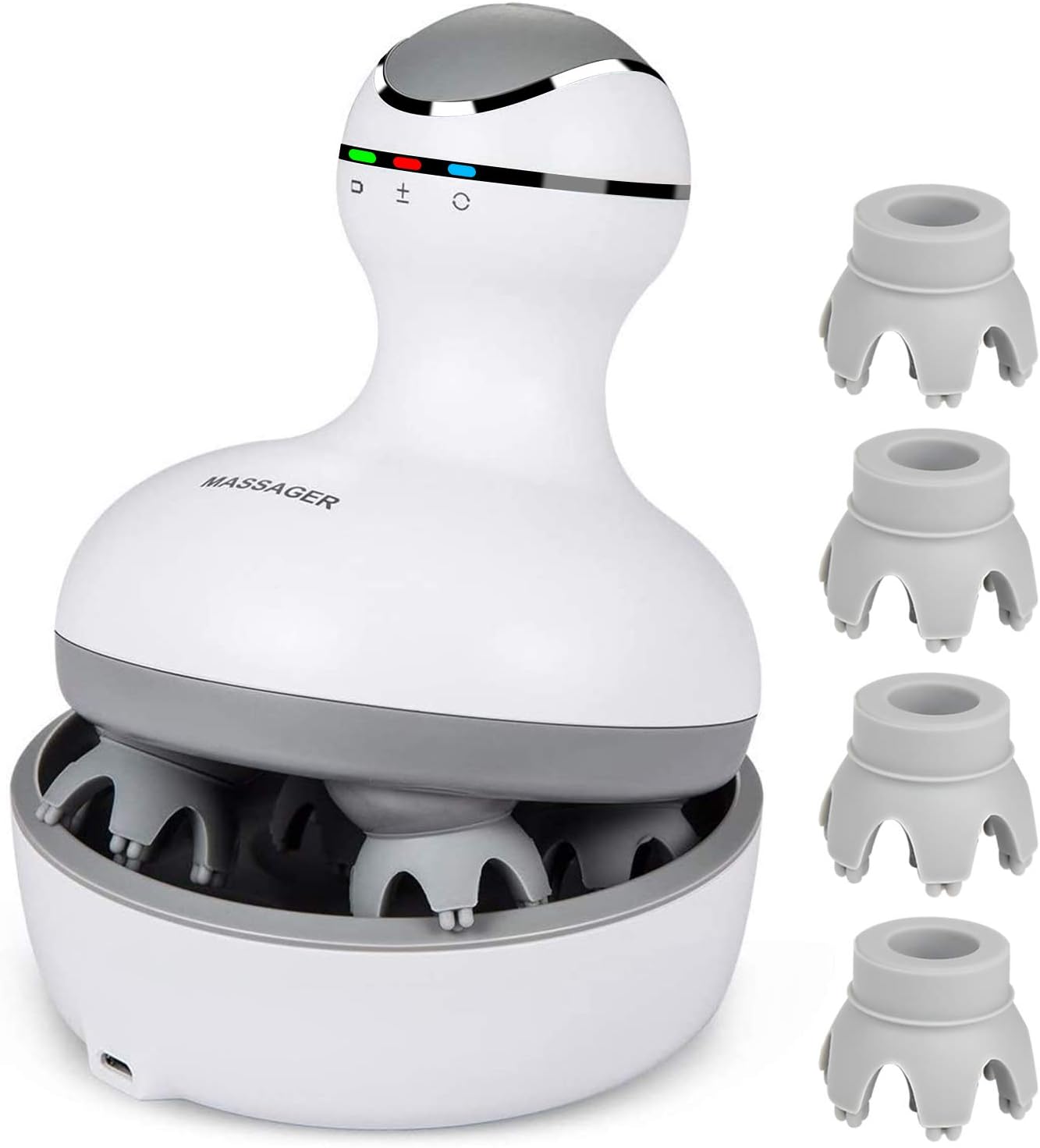 cotsoco Electric Scalp Head & Back Massager, Cordless Hair Massage Waterproof Head Massager with 4 Heads 84 Nodes for Hair Growth, Stress Relief & Deep Clean, Gifts for Men Women, White