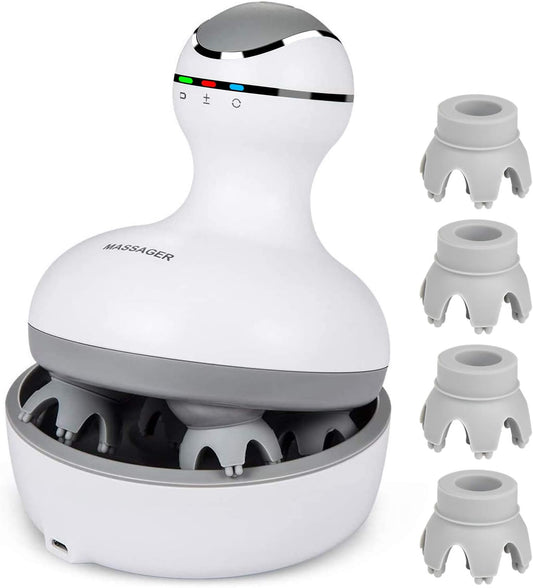 cotsoco Electric Scalp Head & Back Massager, Cordless Hair Massage Waterproof Head Massager with 4 Heads 84 Nodes for Hair Growth, Stress Relief & Deep Clean, Gifts for Men Women, White