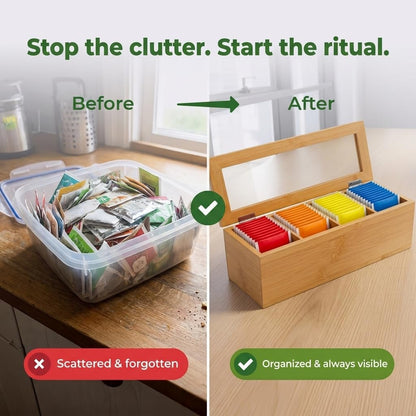 Tea Bag Organizer – Bamboo Tea Box Organizer with Acrylic Lid | Tea Storage Holder | Tea Caddy with 4 Compartments for Drawer, Kitchen Counter & Cabinet (11.8 x 3.5 x 3.5 in)