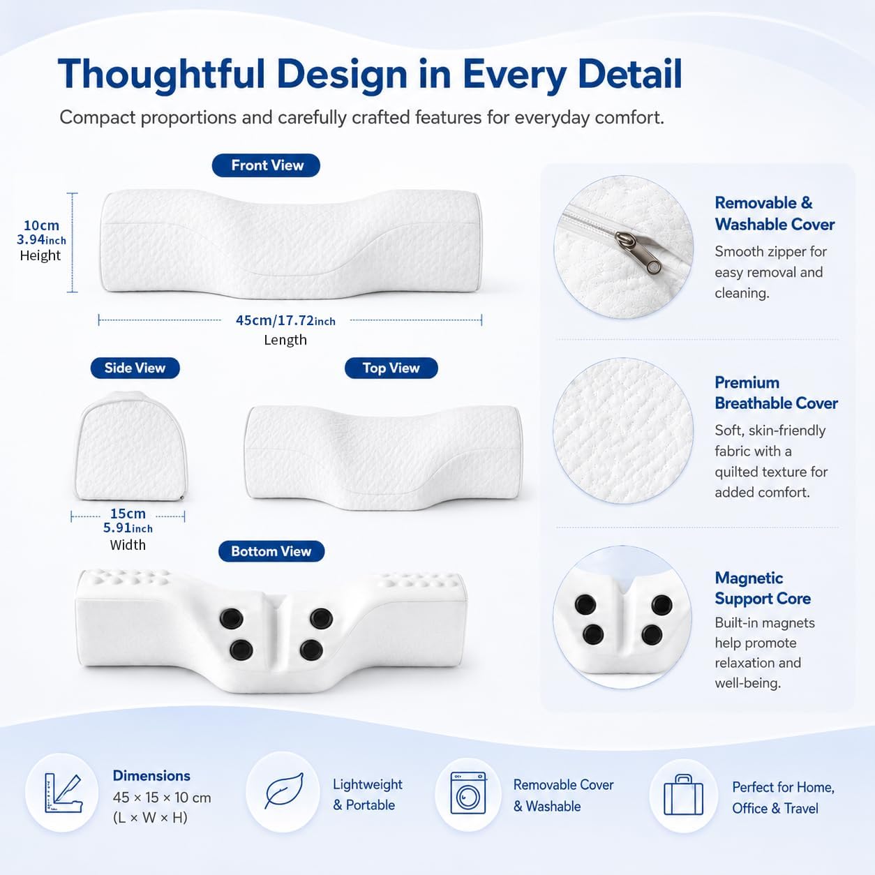 Cervical Neck Pillow, Memory Foam Neck Bolster for Sleeping, Washable Cover | polyester cover, slow rebound foam, magnet filling, raised dot texture, removable washable case, bed office chair travel