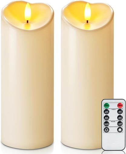 Homemory 6"x3" Outdoor Waterproof Flameless Candles, LED Candles, Battery Operated Candles with Remote and Timers, Electric Fake Plastic Pillar Candles, Ivory White, Set of 2