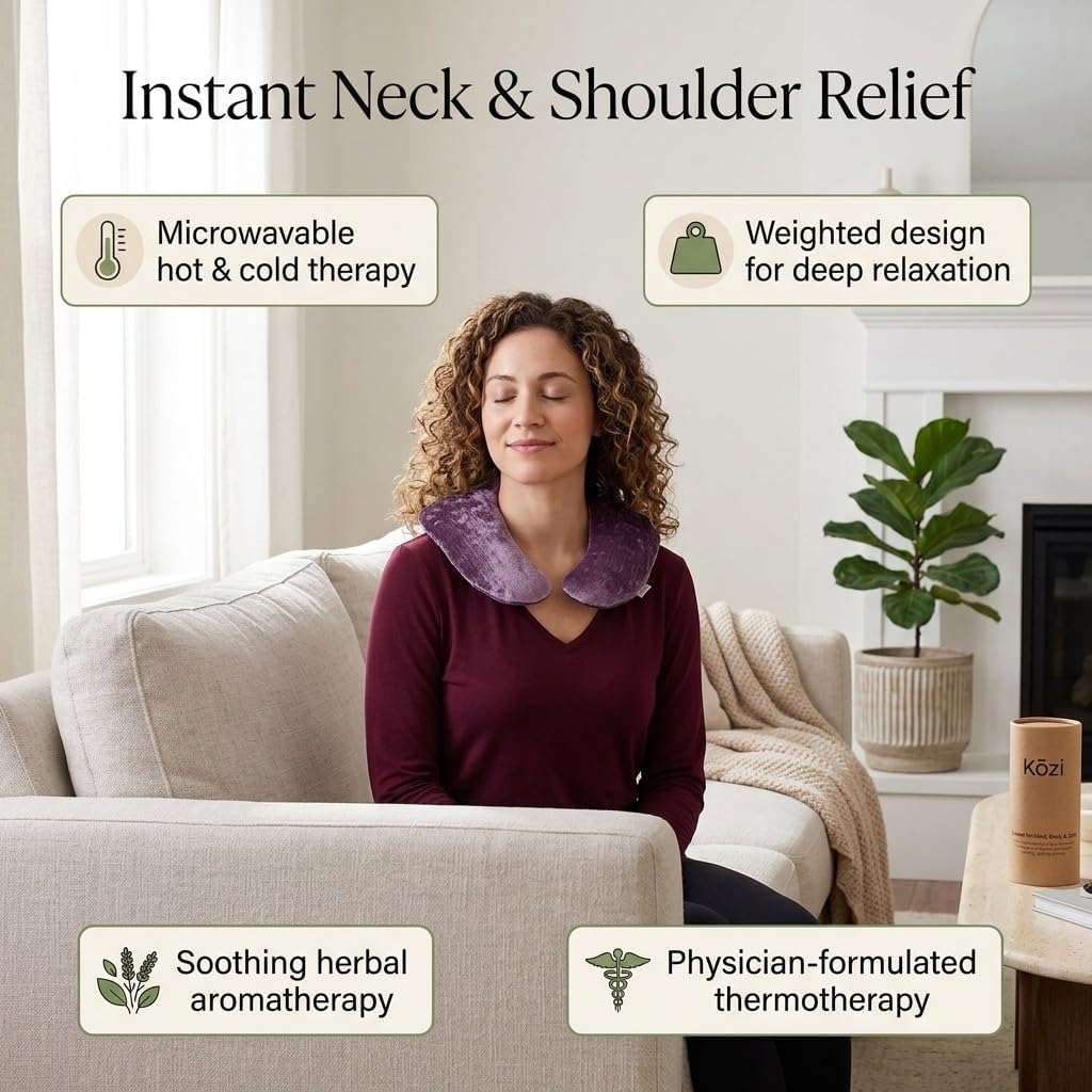 Kozi Weighted Neck Wrap - Microwavable Hot & Cold Therapy Pillow for Neck Pain, Migraine, and Muscle Stiffness Relief - Herbal Aromatherapy Heating Pad - Jute Fabric