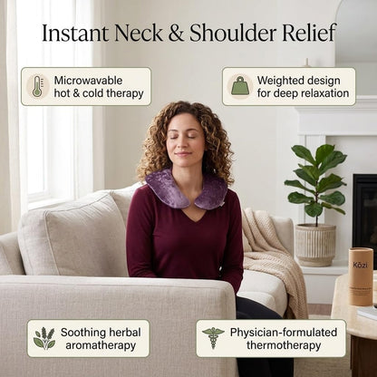 Kozi Weighted Neck Wrap - Microwavable Hot & Cold Therapy Pillow for Neck Pain, Migraine, and Muscle Stiffness Relief - Herbal Aromatherapy Heating Pad - Jute Fabric