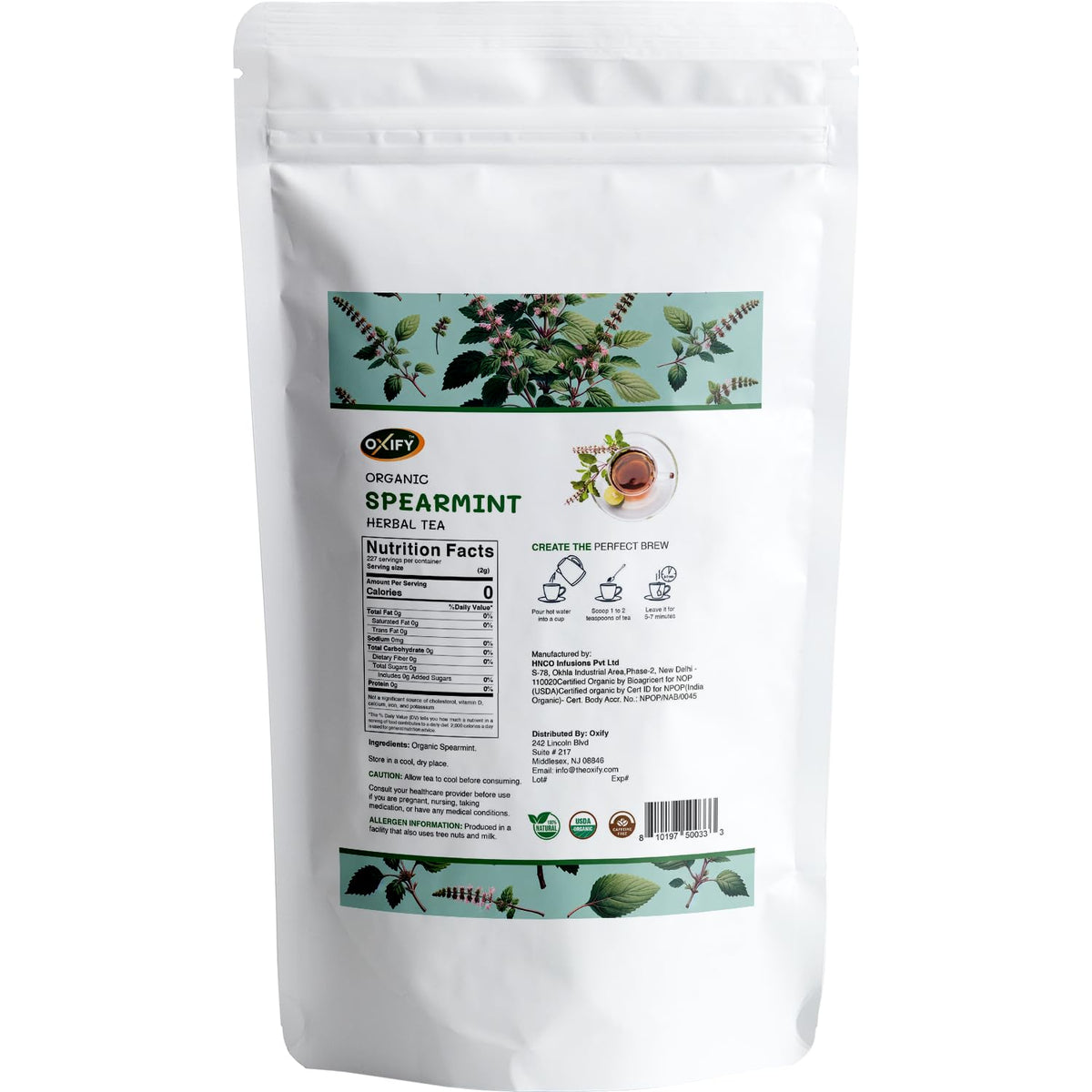 Oxify USDA Organic Spearmint Loose Leaf Tea, Caffeine Free, 16 oz