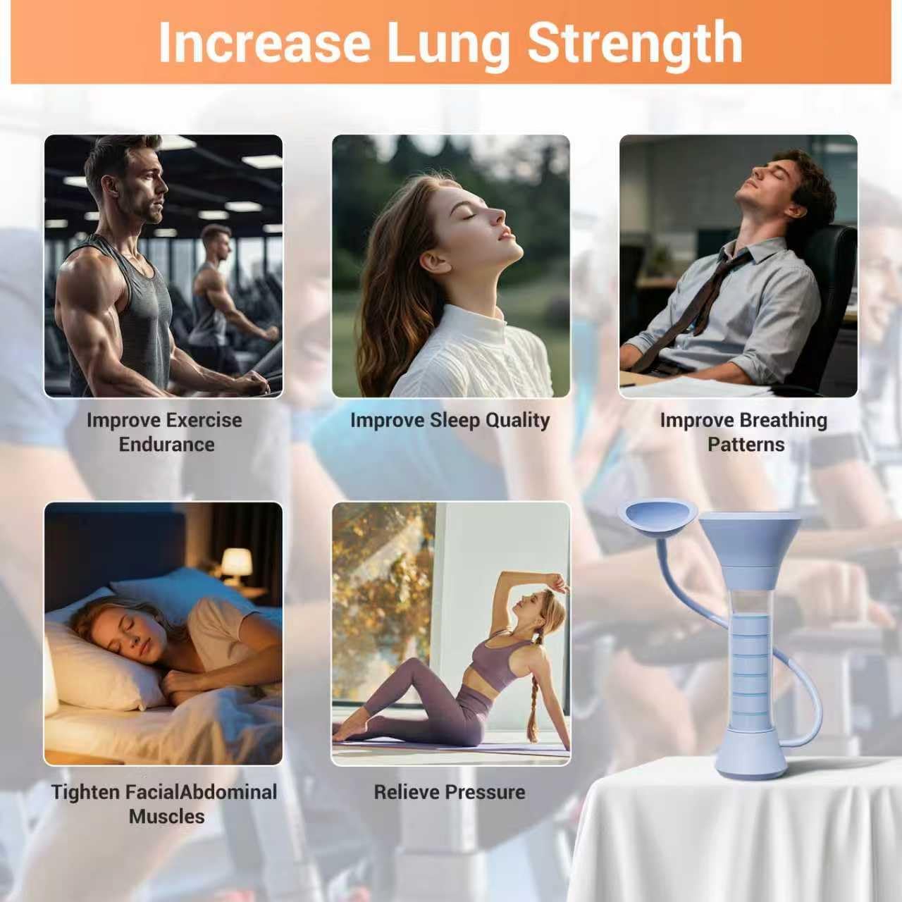 Deep Breathing Trainer, Adult Abdominal Weight Loss Trainer, Easy to Use and Clean, Breathing Dumbbell with 5-Speed Adjustable Type-C Charging Model (Blue)