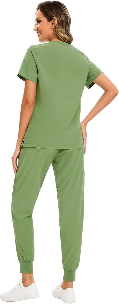 COZYFIT Scrubs for Women Set - Stretch V-Neck Scrub Top & Jogger Pant with 8 Pockets COZY SCRUBS - Colors E