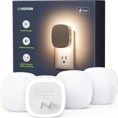 AUVON 4 X Plug-in LED Backlit Night Light with Motion & Dusk to Dawn Sensor | 2200K Soft Warm White Nightlight with 1-50lm Dimmable Brightness for Adults & Kids' Bedroom, Bathroom, Hallway