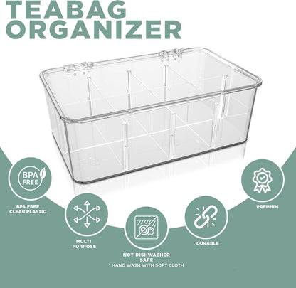 Utopia Home - Tea Bag Organizer With Lids, (1 Pack) Clear Pantry Storage Box - Stackable Partition Organizers or Holder With Lids For Drawers, Countertops, Fridge, Kitchen, Snack & Spice Organization