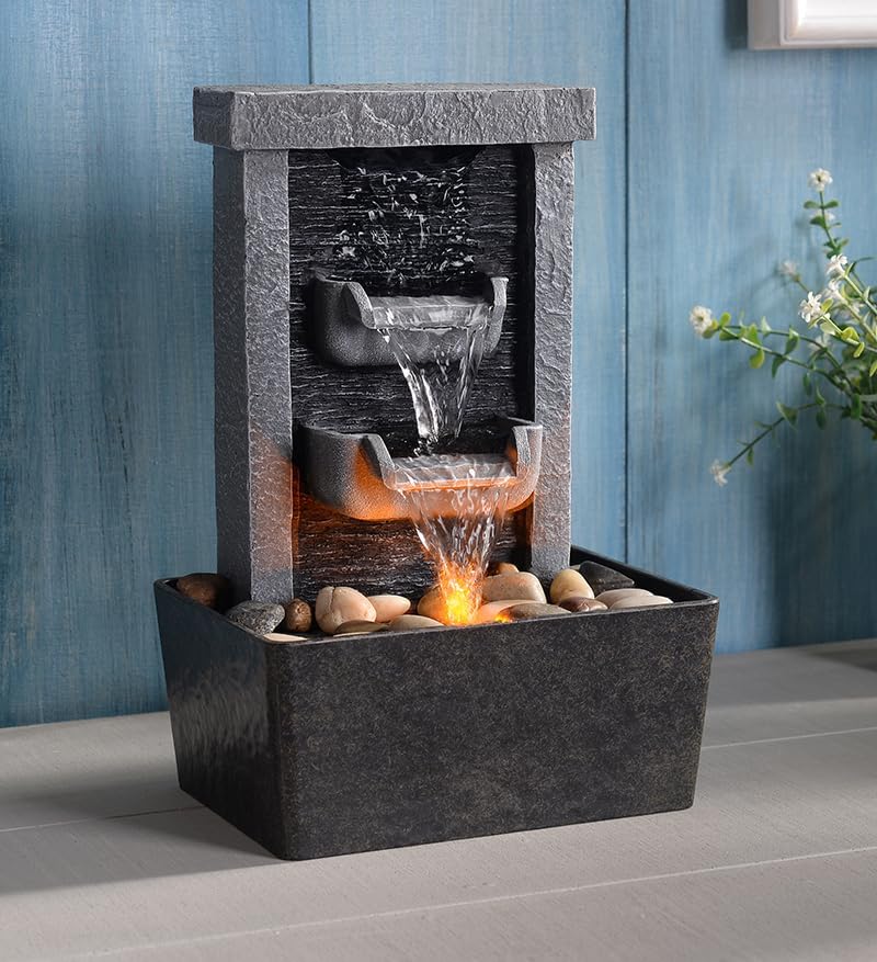 GOSSI Indoor Waterfall Fountain, 10.3" Tabletop Water Fountain with LED Lights & River Rocks, Relaxing Home Office Decor