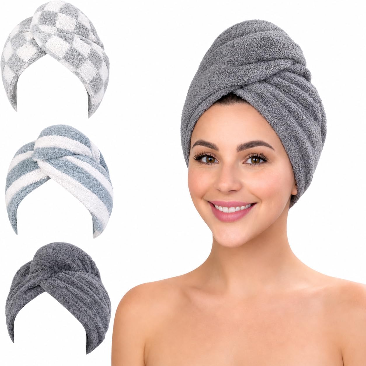 KELVO Microfiber Hair Towel Wrap for Women-Pack of 3, 350 GSM Super Absorbent Quick Dry Hair Turban Anti-Frizz Head Wrap for Curly, Long & Thick Hair Soft Hair Drying Towel (Checkered, Mixed Color)