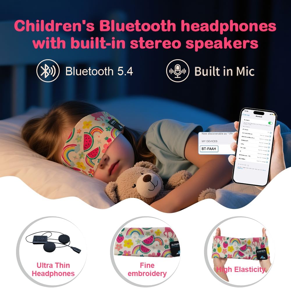 Kids Bluetooth 5.4 Headband Headphones, Adjustable Toddler Sports Headband Earphones with Mic, Soft Wireless Sleep Headphones for Baby Kids Travel Plane School Tablet Workout(Green)