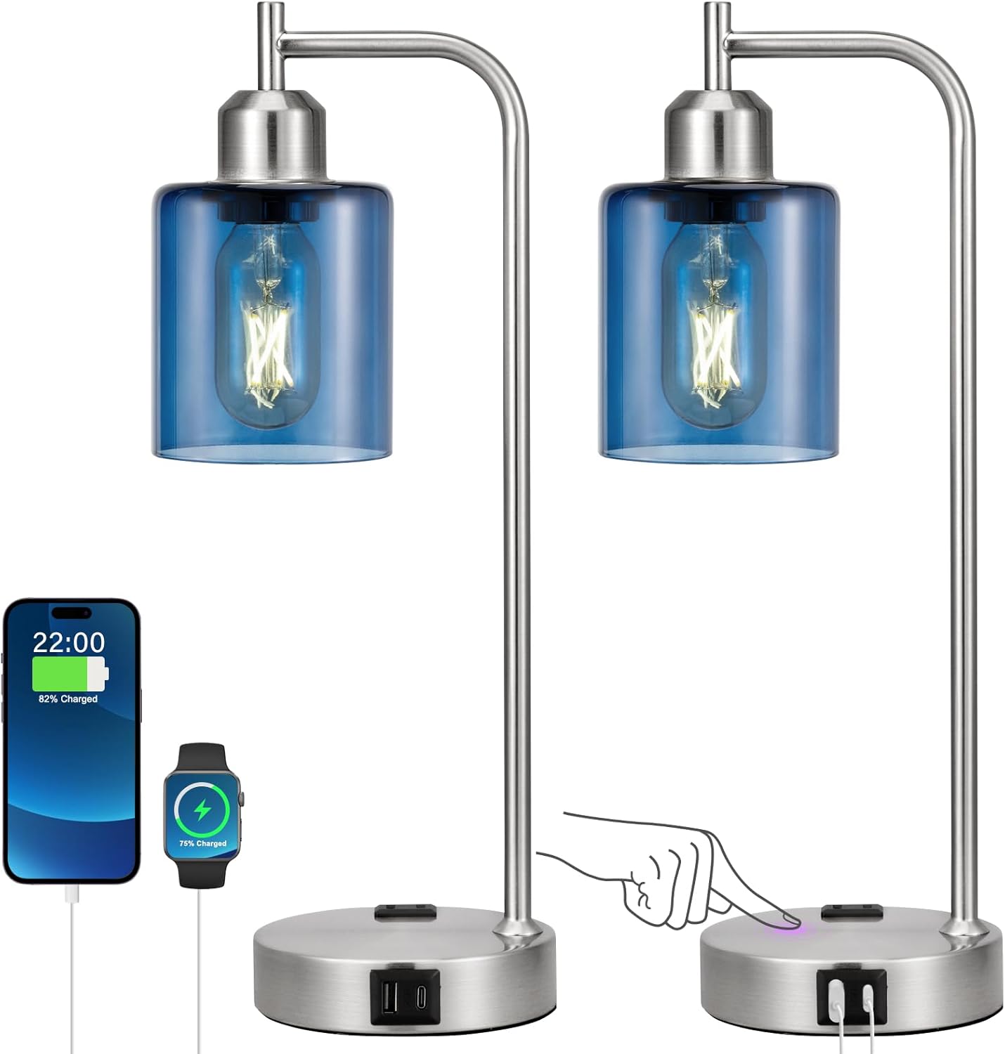 Industrial Touch Lamps for Nightstand Set of 2, 3-Way Dimmable Bedside Lamp