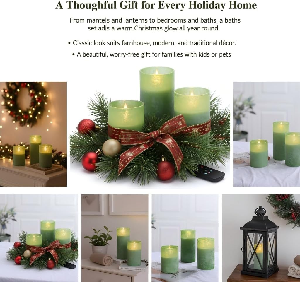 ANGELLOONG Flickering Flameless Candles, Realistic Battery Operated Candles with Remote and Timer, Set of 3 LED Candles for Fall Room Home Wedding Decor Centerpieces Table Party Christmas Decorations