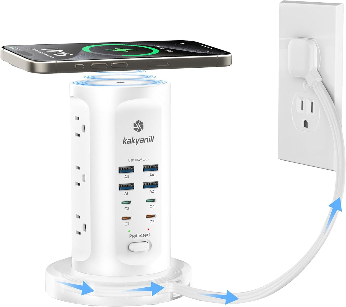Kakyanill 115W USB Charging Station, Power Strip Tower with 9 AC 8 USB